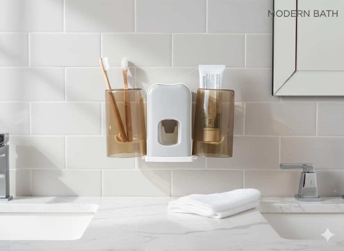 Tooth Brush Holders Set with Toothpaste Dispenser Wall Mounted