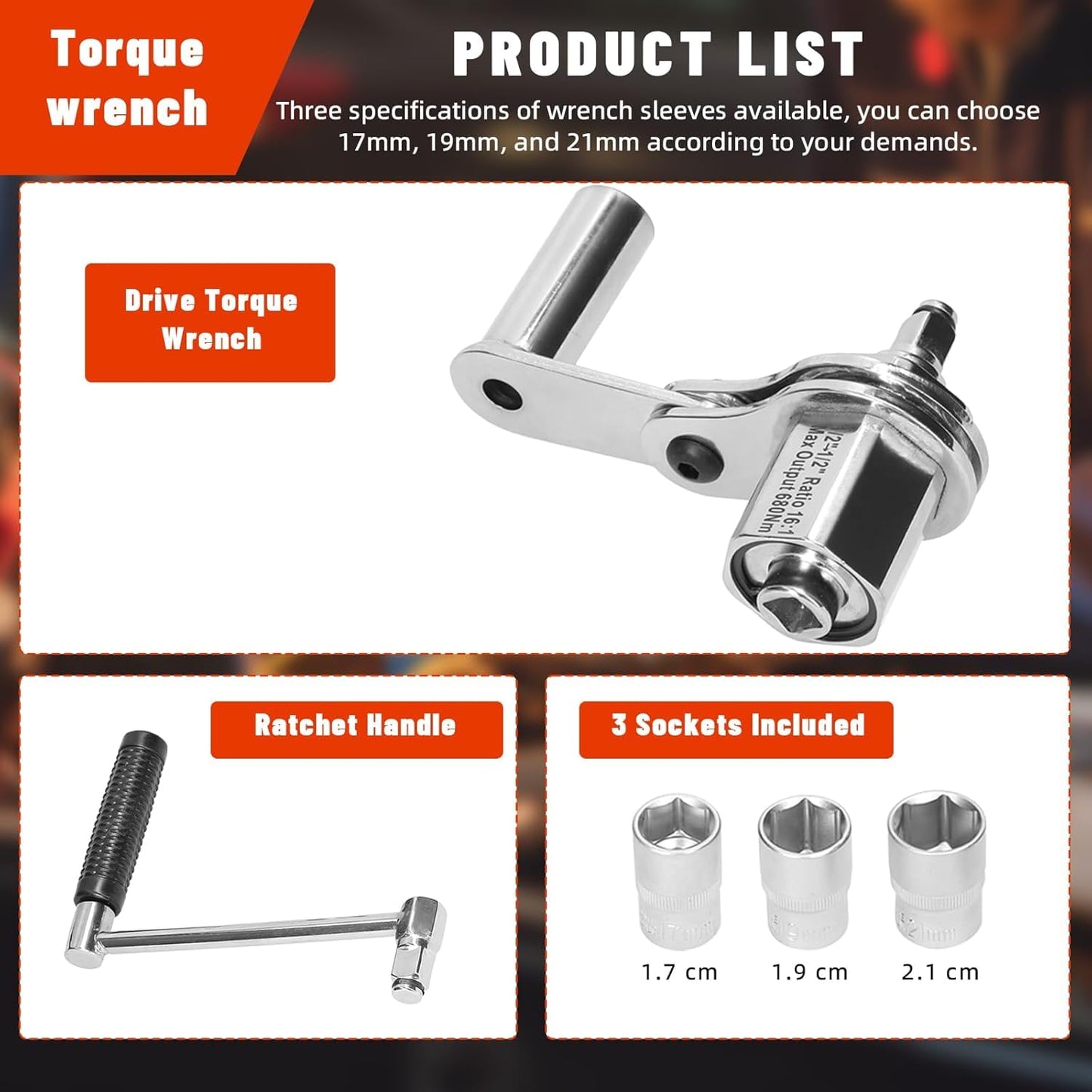 Angchun Torque Multiplier Wrench Set - 1:16 Torsional Torque Wrench Lug Nut Remover Tool Set Labor Saving Torque Multiplier 1/2 Drive with 17mm/19mm/21mm Sockets for Loosening Car Tire Lug Nuts